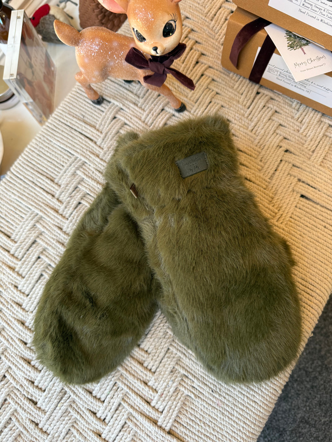 Faux Fur Mittens- Khaki